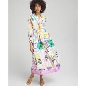 Chicos Silk Blnd Shirt Dress Sz 1.5 10 Bold Geometric Graphic Vibrant Maximalist